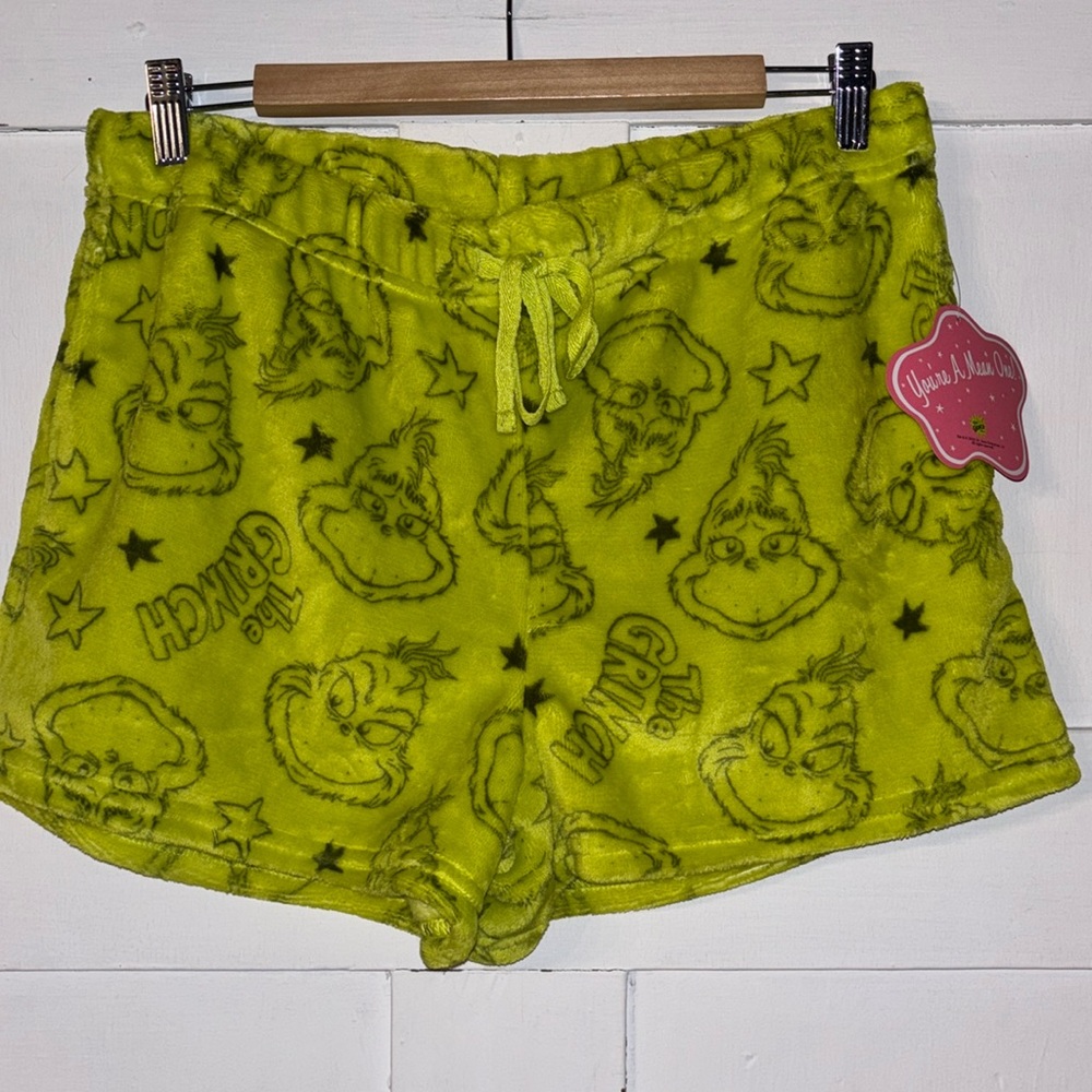Cozy Grinch Soft Fleece Lounge Shorts Green Gray Print Size Large New Christmas